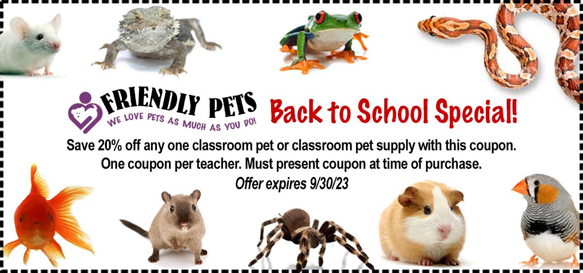 Back to School Special Coupon - 20% OFF any one classroom pet of classroom pet supply with this coupon. One coupon per teacher. Must present coupon at time of purcahse. Offer expires 9/30/2023